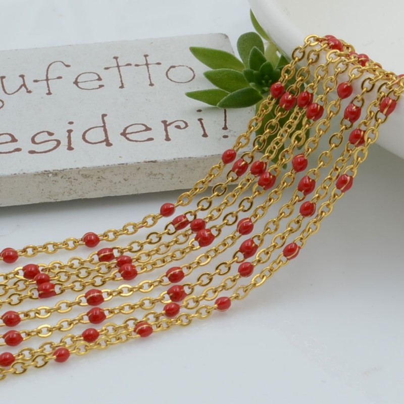 Catena in acciaio con palline smaltate colore rosso base oro 1mt | GDO