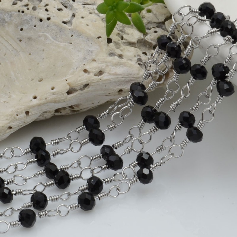 Catena rosario in acciaio concatenata con cristalli 3 mm colore nero 50 cm per le tue creazioni!!