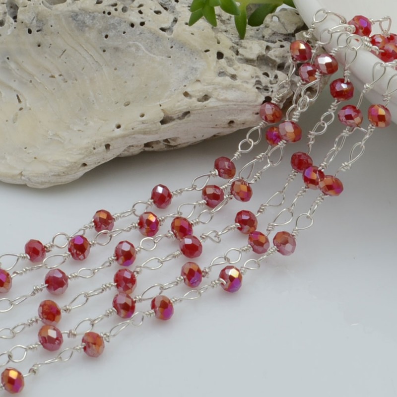 Catena rosario di cristalli colore rosso AB da 3mm concatenati con filo argento in ottone 50cm | GDO