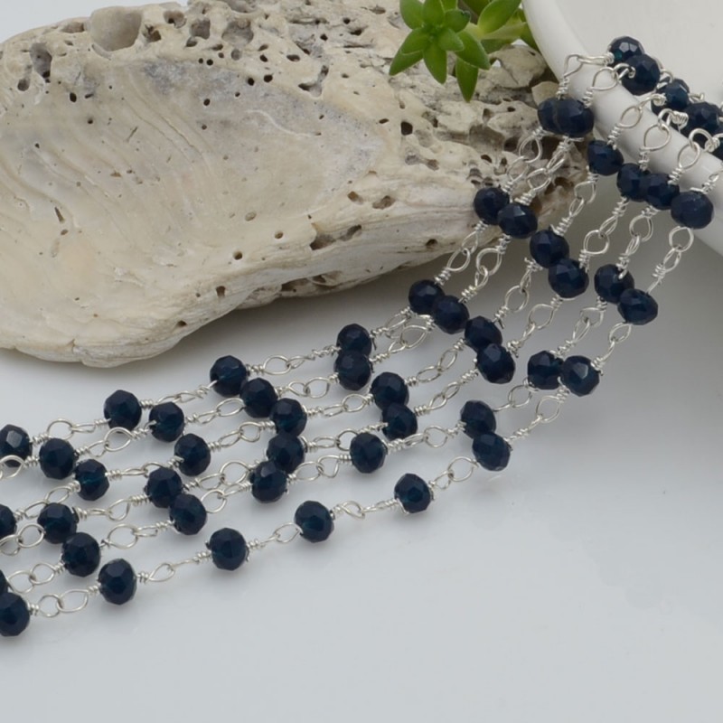 Catena rosario di cristalli colore blu petrolio da 3mm concatenati con filo argento in ottone 50cm | GDO