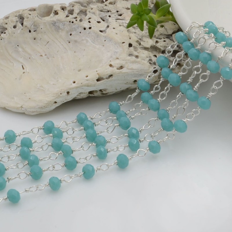 Catena rosario di cristalli colore turchese da 3mm concatenati con filo argento in ottone 50cm | GDO