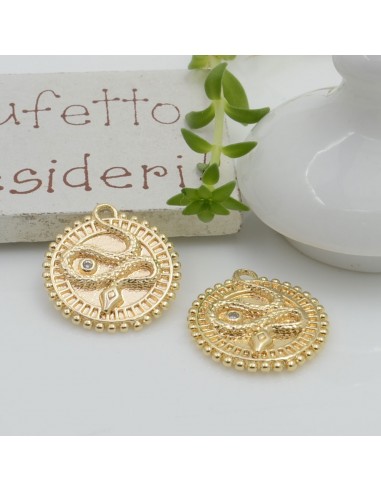 Ciondolo pendente medaglia serpente CON ZIRCONI strass 19 x 18 mm 1 pz in ottone per le tue creazioni!!!