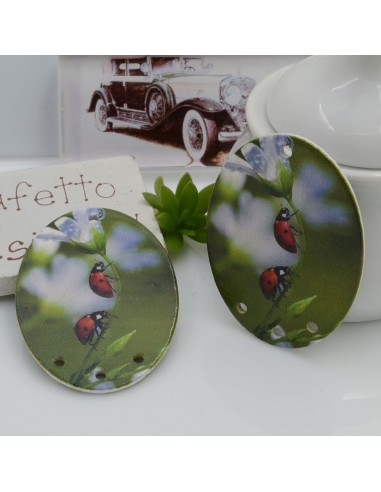 Ciondoli Elemento ovale pendente in legno con coccinelle 40 x 30 mm 4 FORI 2 pz per orecchini per le tue creazioni!!!