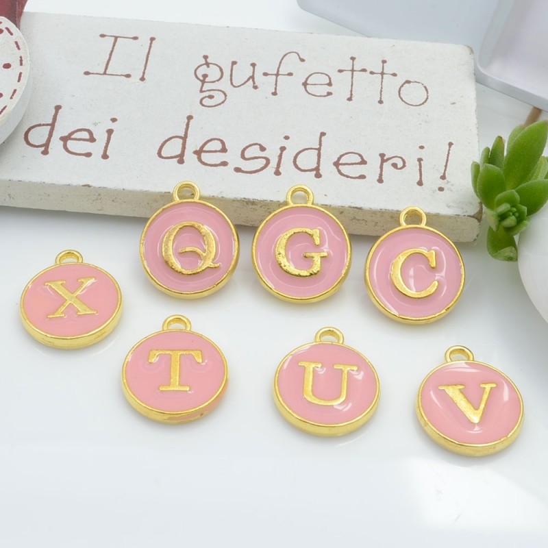 Ciondolo charms lettera alfabeto smaltato 26 pz completo 12 x 15 mm in ottone colore rosa per le tue creazioni!!
