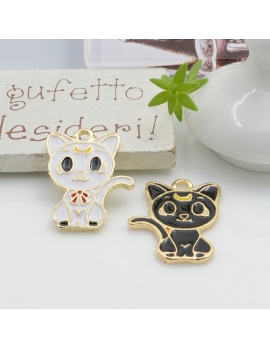 Ciondolo Charms gatto smaltato 23 x 18 mm 2 pz base oro in ottone per le tue creazioni fai da te!
