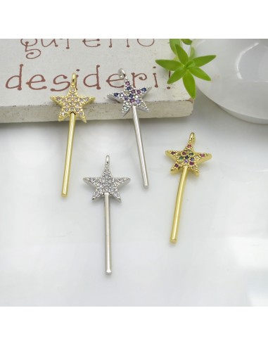 Ciondolo pendente bacchetta magica CON ZIRCONI strass 28 x 10 mm 1 pz in ottone per le tue creazioni!!!