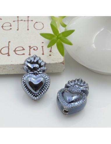 Perla a forma di cuore sacro in ceramica luminosa e smaltata colore nero rodio due misure 2 pz per le tue creazioni alla moda!!