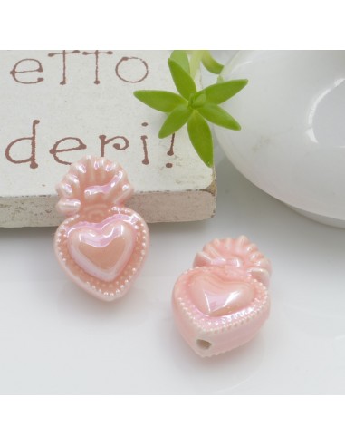 Perla a forma di cuore sacro in ceramica luminosa e smaltata colore rosa chiaro 16 x 10 mm 2 pz per le tue creazioni alla moda!!