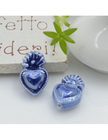 Perla a forma di cuore sacro in ceramica luminosa e smaltata colore blu 16 x 10 mm 2 pz per le tue creazioni alla moda!!