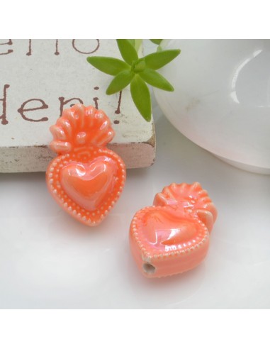Perla a forma di cuore sacro in ceramica luminosa e smaltata colore arancione due misure 2 pz per le tue creazioni alla moda!!