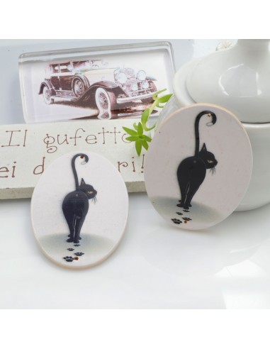 Ciondoli Elemento ovale pendente in legno con gatto nero 40 x 30 mm 2 FORI 2 pz per orecchini per le tue creazioni!!!
