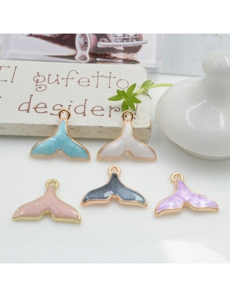 Ciondolo smaltato, forma coda di pesce, ottone, base oro, 14x18mm, set 2 pezzi, marchio Gioie d'Oriente