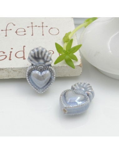 Perla a forma di cuore sacro in ceramica luminosa e smaltata colore grigio 16 x 10 mm 2 pz per le tue creazioni alla moda!!