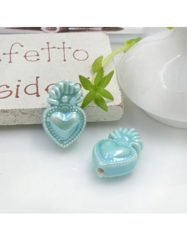 Perla a forma di cuore sacro in ceramica luminosa e smaltata colore tiffany due misure 2 pz per le tue creazioni alla moda!!
