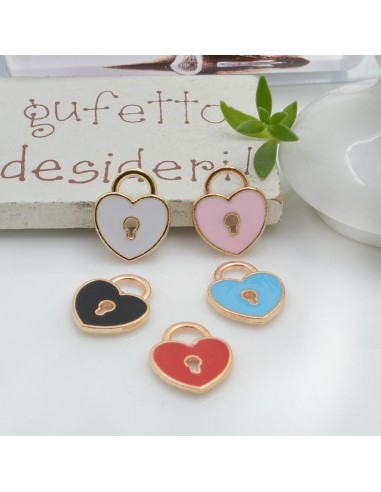 Ciondolo Charms Cuore lucchetto smaltato 13 x 11 mm 2 pz base oro in ottone per le tue creazioni fai da te!