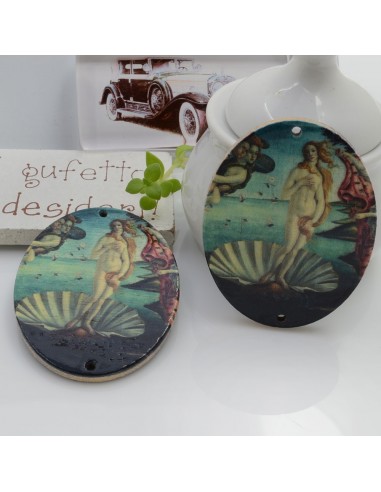 Ciondoli Elemento ovale pendente in legno con disegno Nascita di Venere 45 x 35 mm 2 FORI 2 pz per orecchini