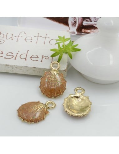 Ciondolo Charms Conchiglia smaltata con brillantini 18 x 13 mm 2 pz base oro in ottone per le tue creazioni!!