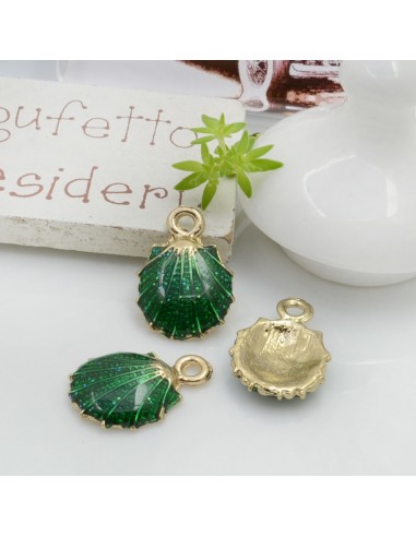 Ciondolo Charms Conchiglia smaltata con brillantini 18 x 13 mm 2 pz base oro in ottone per le tue creazioni!!