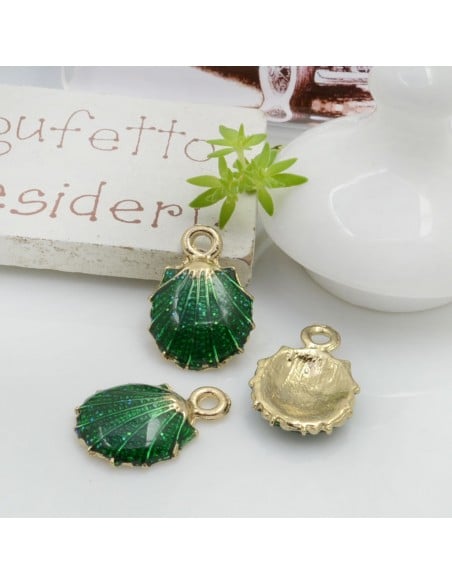 Ciondolo Charms Conchiglia smaltata con brillantini 18 x 13 mm 2 pz base oro in ottone per le tue creazioni!!