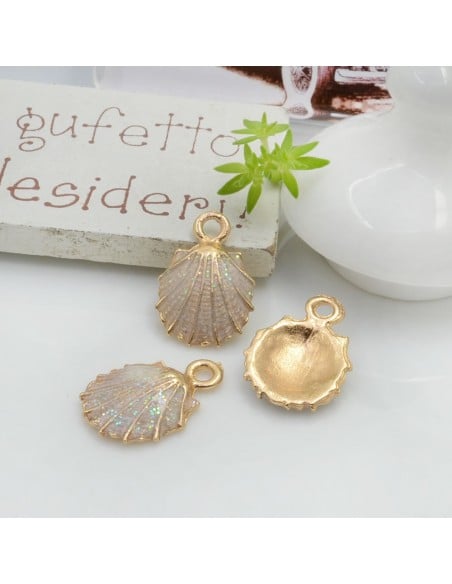 Ciondolo Charms Conchiglia smaltata con brillantini 18 x 13 mm 2 pz base oro in ottone per le tue creazioni!!