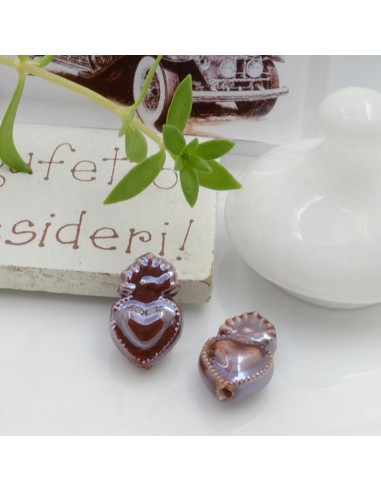 Perla a forma di cuore sacro in ceramica luminosa e smaltata colore cioccolato due misure 2 pz per le tue creazioni alla moda!!
