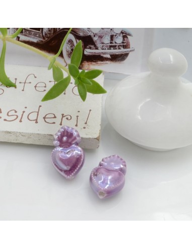 Perla a forma di cuore sacro in ceramica luminosa e smaltata colore lilla scuro due misure 2 pz per le tue creazioni alla moda!!
