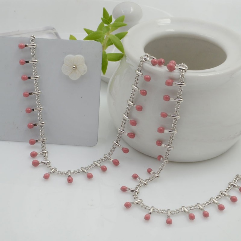 Catena in acciaio groumetta argento piatta forma gocce smaltate rosa altezza 0.6 mm confezione 50 cm