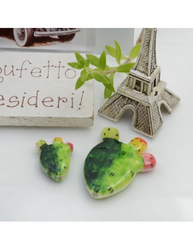 Componente a forma di cactus elemento in ceramica smaltata verde con foro passante due misure 1 pz per le tue creazioni!!!