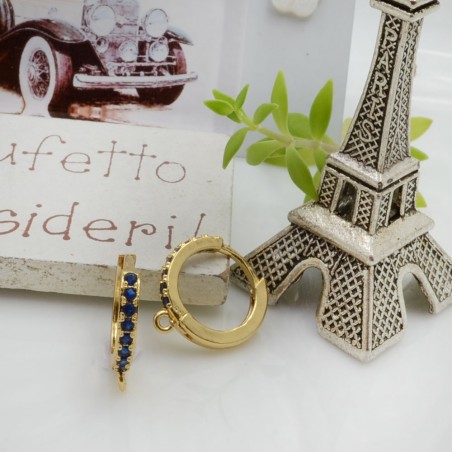 Orecchini cerchietti tondi in ottone oro giallo con zirconi blu 14mm 1 paio | GDO