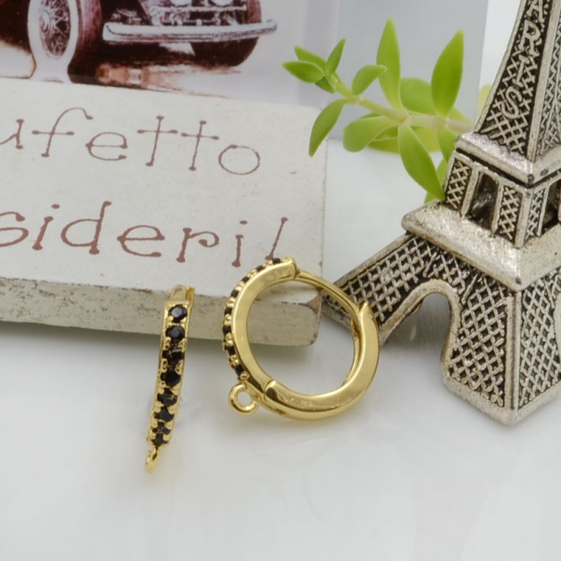 Orecchini cerchietti tondi in ottone oro giallo con zirconi neri 14mm 1 paio | GDO