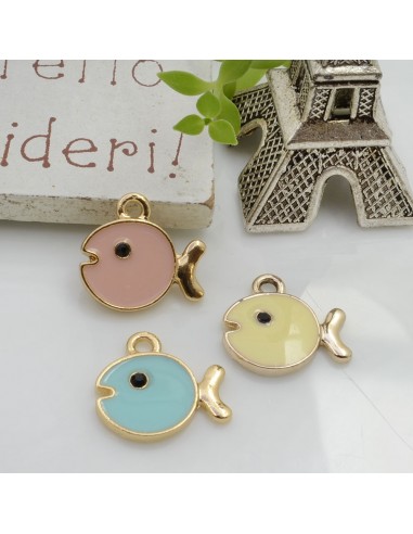 Ciondolo Pesce tondo in ottone smaltato con base oro 12x15mm 2pz | GDO