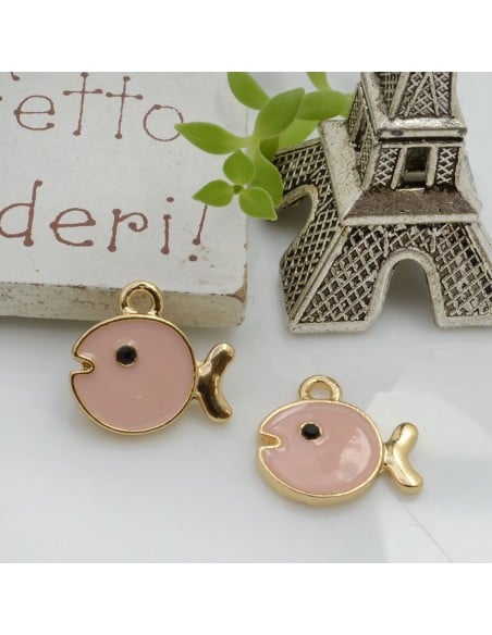 Ciondolo Charms Pesce smaltato 12 x 15 mm 2 pz base oro in ottone per le tue creazioni!!