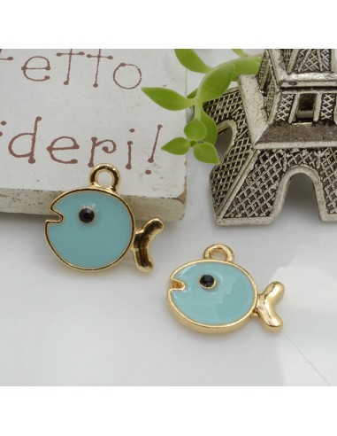 Ciondolo Charms Pesce smaltato 12 x 15 mm 2 pz base oro in ottone per le tue creazioni!!