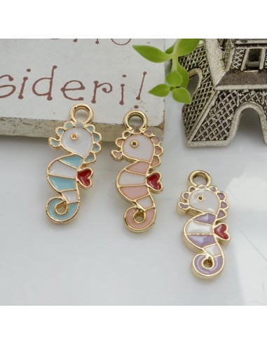 Ciondolo Charms Cavalluccio Marino smaltato 21 x 9 mm 2 pz base oro in ottone per le tue creazioni!!