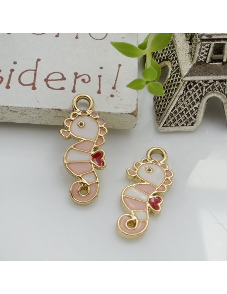 Ciondolo Charms Cavalluccio Marino smaltato 21 x 9 mm 2 pz base oro in ottone per le tue creazioni!!