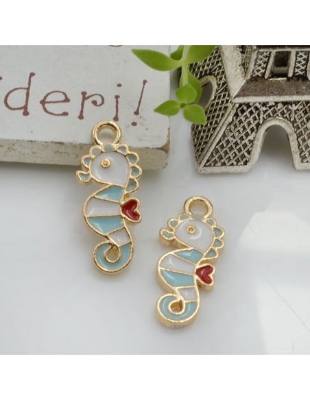 Ciondolo Charms Cavalluccio Marino smaltato 21 x 9 mm 2 pz base oro in ottone per le tue creazioni!!