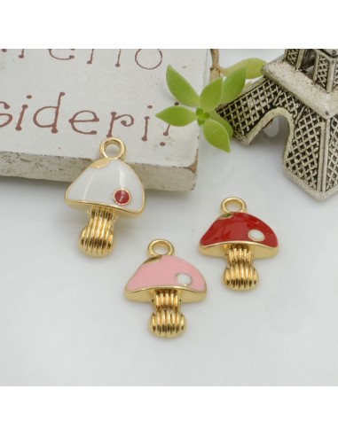 Ciondolo Charms Fungo smaltato 17 x 11 mm 2 pz base oro in ottone per le tue creazioni!!