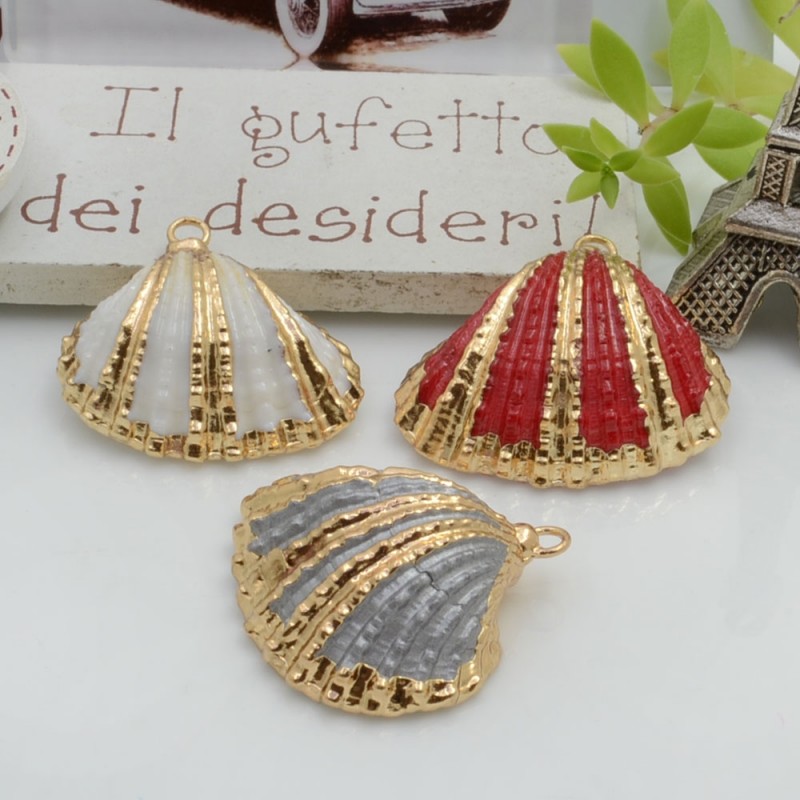 Ciondolo pendente Conchiglia Naturale smaltata con bordo e righe dorate 1 pz circa 24 mm / 30 mm le tue creazioni!!