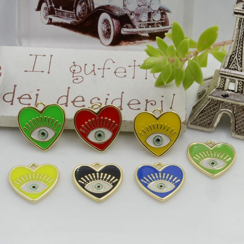 Ciondolo Charms Cuore piatto con occhio greco smaltato 15 mm 1 pz base oro 18K in ottone per le tue creazioni!! 