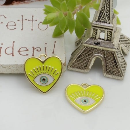Ciondolo cuore piatto con occhio greco smaltato 15 mm 1pz in ottone oro 18K Gioie d'Oriente