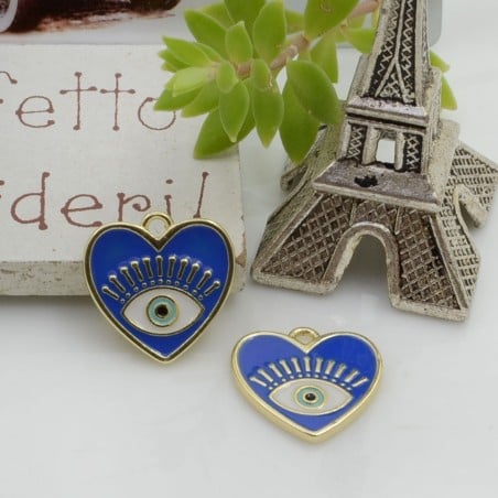 Ciondolo cuore piatto con occhio greco smaltato 15 mm 1pz in ottone oro 18K Gioie d'Oriente