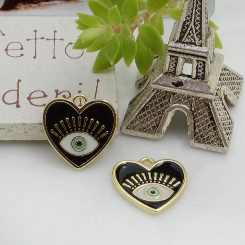 Ciondolo cuore piatto con occhio greco smaltato 15 mm 1pz in ottone oro 18K Gioie d'Oriente