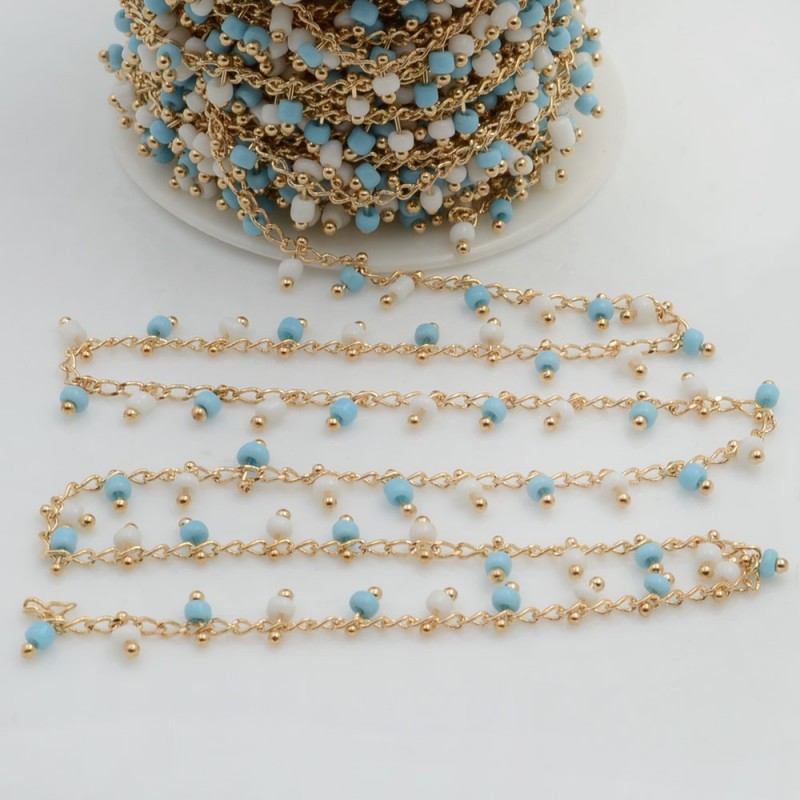 Catena Rosario con perline indiane 2 mm base oro chiaro colore turchese e bianco 50cm per le tue creazioni!