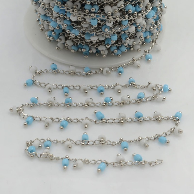 Catena Rosario con perline indiane 2 mm base argento colore turchese e bianco 50cm per le tue creazioni!