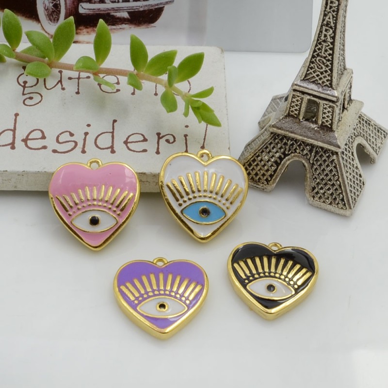 Ciondolo Charms Cuore con occhio greco smaltato 16 x 15 mm 1 pz base oro giallo in ottone per le tue creazioni!!