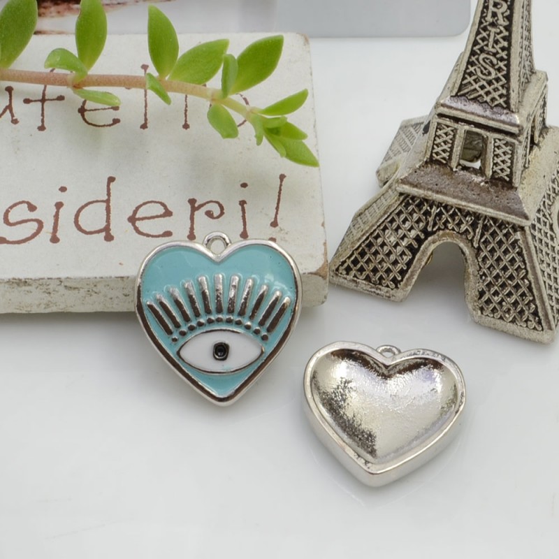 Ciondolo cuore con occhio greco smaltato 16 x 15 mm 1pz in ottone argento Gioie d'Oriente