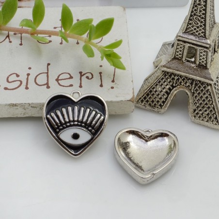 Ciondolo cuore con occhio greco smaltato 16 x 15 mm 1pz in ottone argento Gioie d'Oriente