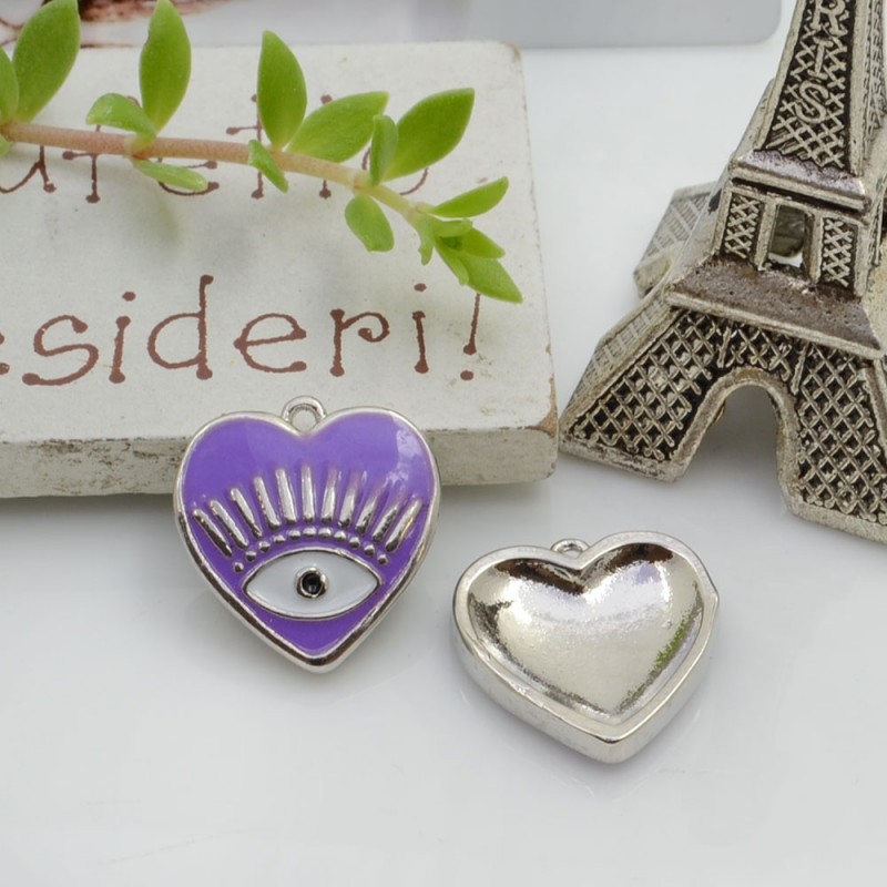 Ciondolo cuore con occhio greco smaltato 16 x 15 mm 1pz in ottone argento Gioie d'Oriente