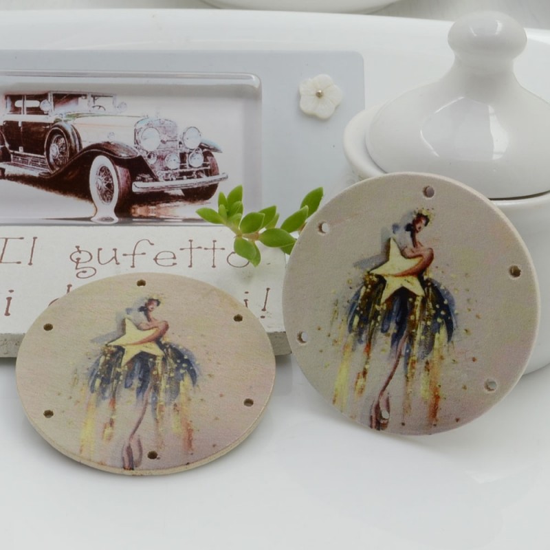 Ciondoli Elemento tondo pendente in legno con disegno ballerina 6 fori 40 mm 2 pz per orecchini