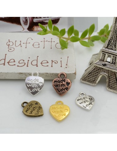 Ciondoli Charms Forma di Cuore 10 mm scritta made with love per le tue creazioni!!
